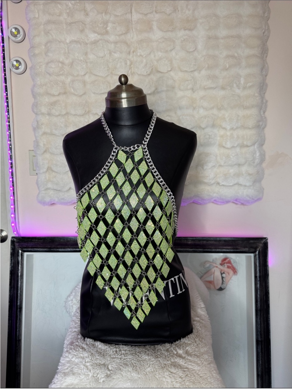 Chainmail Halter Necklace Top in Lime Green